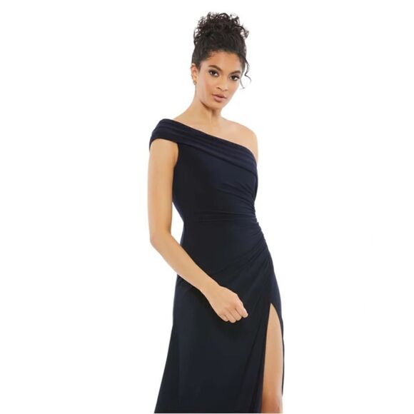 Mac Duggal Ieena 26517 Dress Foldover Off-The-Shoulder Slit Gown Navy Sz 12 NWT - Picture 2 of 9